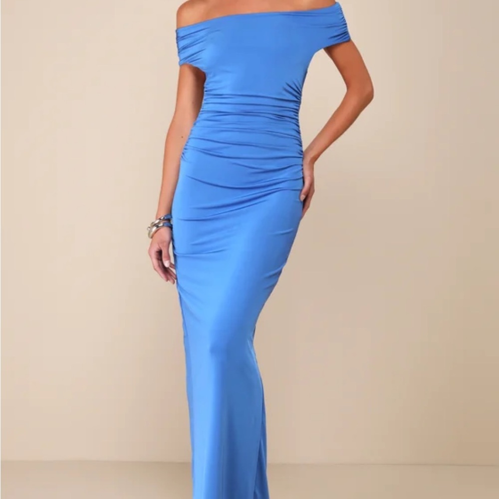 Lulu's Blue Ruched Off-Shoulder Gown